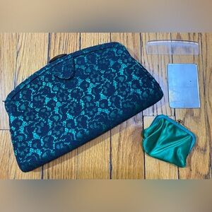 Vintage green clutch with matching pouch, comb, and hand mirror